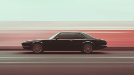 Obraz premium Black classic car driving on a highway at sunset.