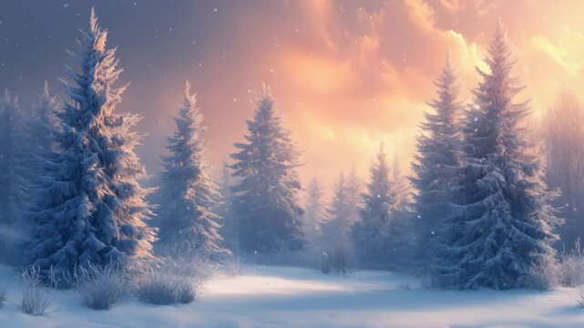 Peaceful winter forest at sunset with falling snowflakes