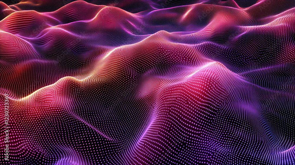 Poster digital dots creating waves in vibrant colors form an abstract landscape showcasing intense patterns