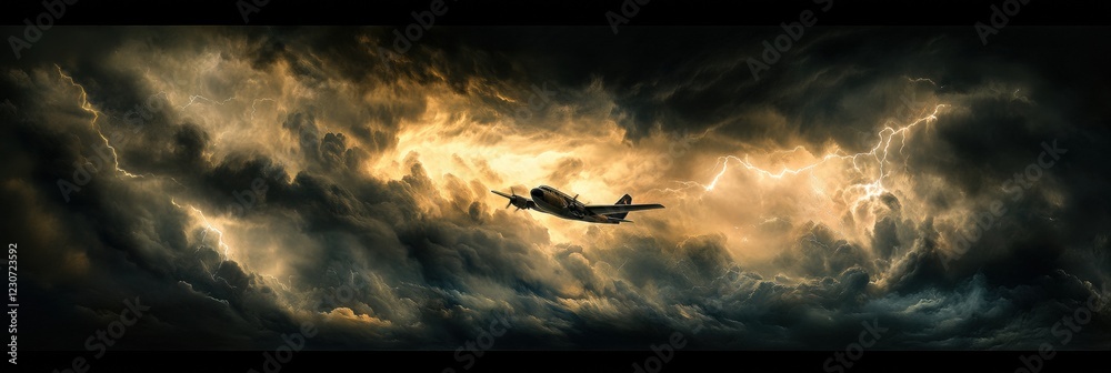 Poster clouds rage as an airplane navigates turbulent skies during a stormy evening flight. generative ai