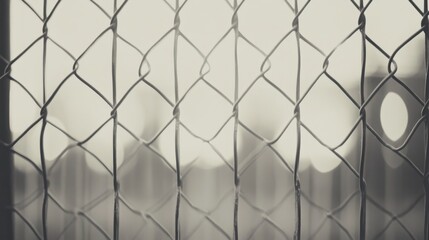 Fototapeta premium Close-up of a chain-link fence with blurred city background.
