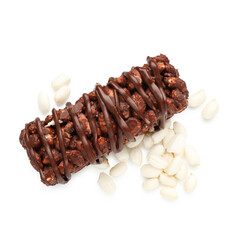 Delicious chocolate puffed rice bar isolated on white, top view