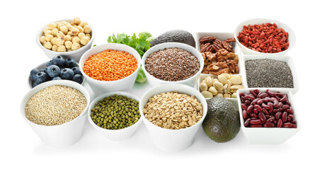 Superfood. Different healthy food products isolated on white