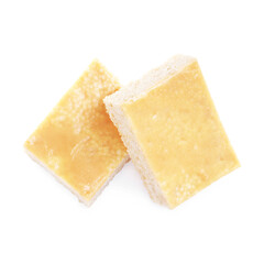 Delicious caramel puffed rice bars isolated on white, top view