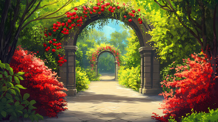Fototapeta premium Ornate archway pathway with red flowers and green bushes. Diamond Archway. Illustration