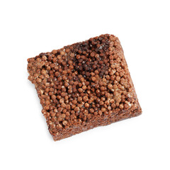 Delicious chocolate puffed rice bar isolated on white, top view