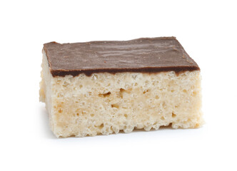 Delicious chocolate puffed rice bar isolated on white
