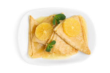 Delicious Crepes Suzette dessert isolated on white, top view