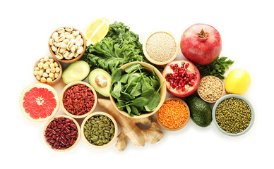 Many different superfood products isolated on white, top view