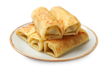 Many delicious rolled crepes isolated on white