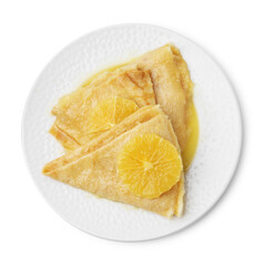 Delicious Crepes Suzette dessert isolated on white, top view