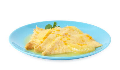 Plate with tasty crepes Suzette isolated on white