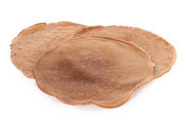 Three delicious chocolate crepes isolated on white