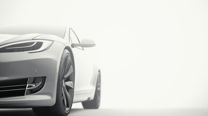 Close-up of a sleek, silver electric car against a bright white background.