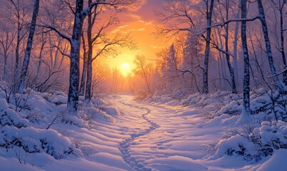 Sunlit winter path through a snow-covered forest at sunset.