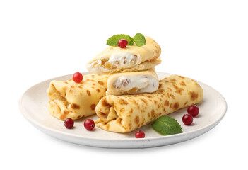 Delicious rolled crepes with cottage cheese, raisins, cranberries and mint isolated on white