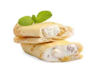 Delicious rolled crepes with cottage cheese, raisins and mint isolated on white