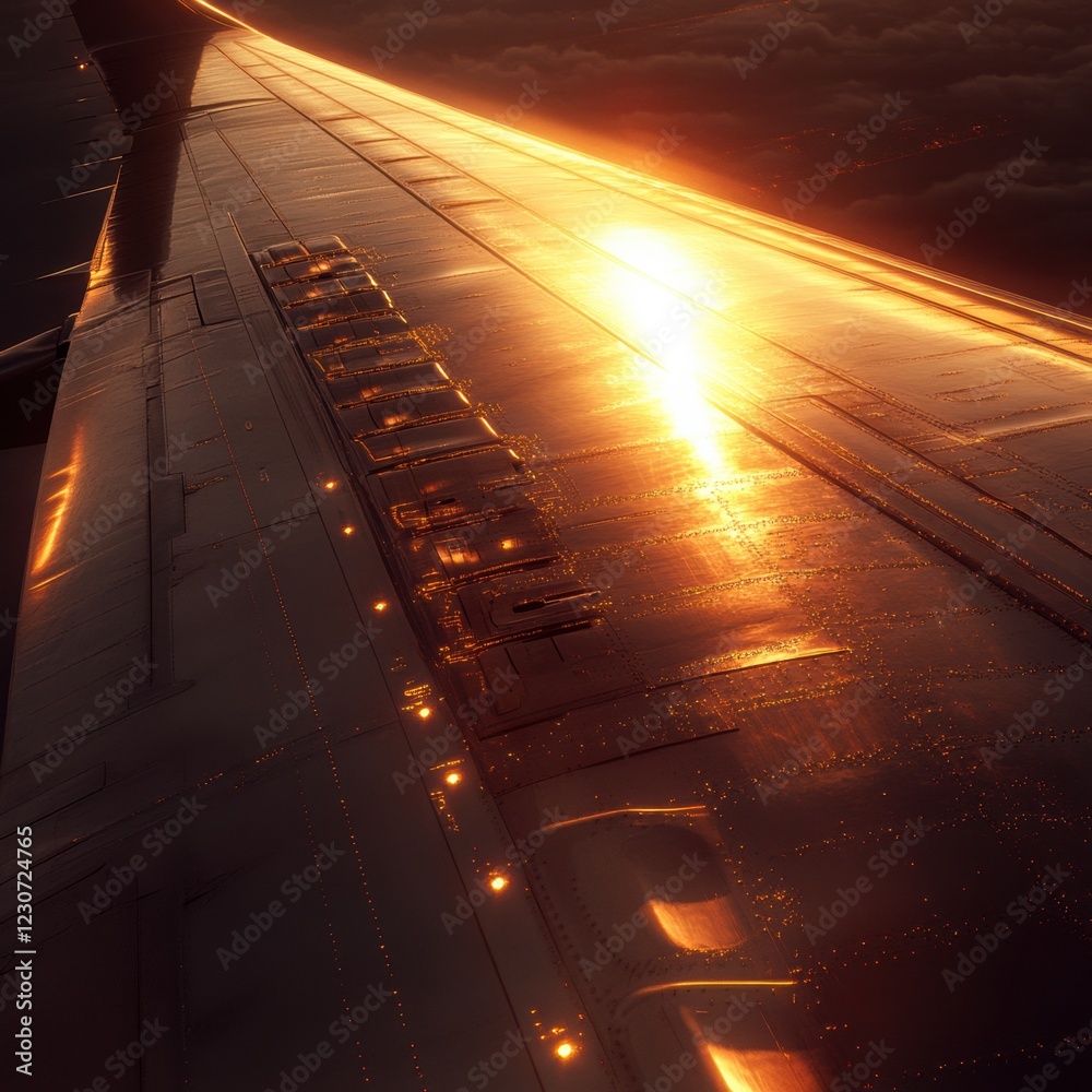 Aufkleber Wing of an airplane illuminated by the warm glow of a sunset over the clouds during evening travel. Generative AI