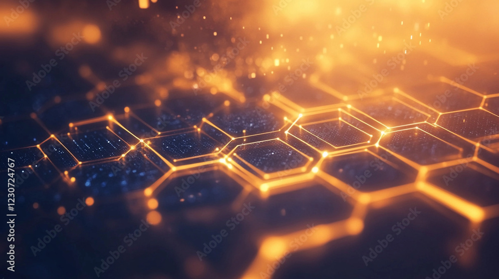 Poster hexagonal grid design with glowing orange and blue elements creating a vibrant digital atmosphere in