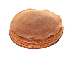 Stack of delicious chocolate crepes isolated on white