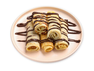 Delicious crepes with chocolate sauce isolated on white