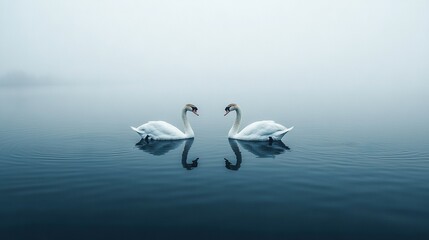 Obraz premium Two swans in a foggy lake, touching heads