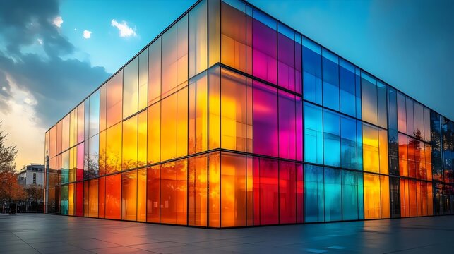 A building with colorful glass windows and a blue sky in the background - Powered by Adobe