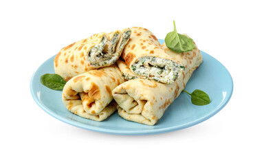 Tasty rolled crepes with cottage cheese and spinach isolated on white