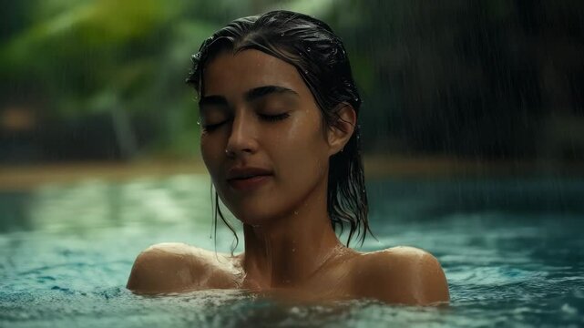 Calm woman enjoying rain while relaxing in a serene pool environment