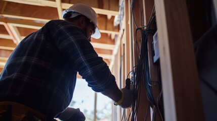 A detailed view of an electrician installing wiring in a new building, Electrical installation scene, Building safety standards style