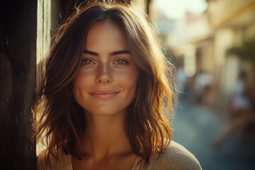 Obraz premium Beautiful woman smiling in a sunlit alley with warm tones and soft shadows in the background