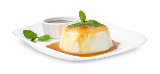 Tasty pudding with caramel sauce and mint isolated on white