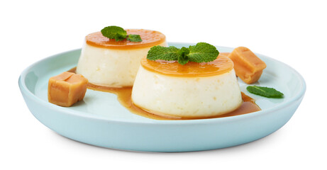 Tasty puddings with caramel sauce and mint isolated on white