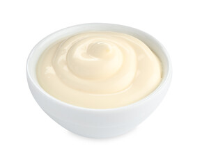 Tasty mayonnaise sauce in bowl isolated on white