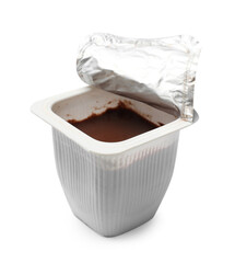 Delicious chocolate yogurt in plastic cup isolated on white