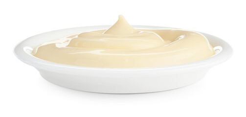 Tasty mayonnaise sauce in dish isolated on white