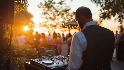 Dj energizes sunset wedding reception with vibrant music and dance