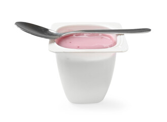 Delicious yogurt in plastic cup with spoon isolated on white