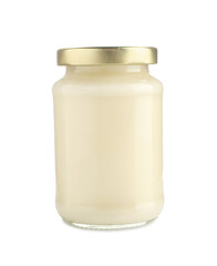 Delicious mayonnaise in jar isolated on white