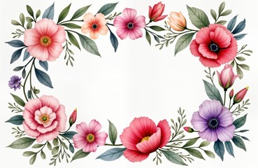 Obraz premium Floral wreath design with various flowers. Colorful flowers with green leaves form border on white background. Illustration looks like watercolor painting. Design beautiful, perfect for decorating