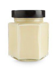 Delicious mayonnaise in jar isolated on white