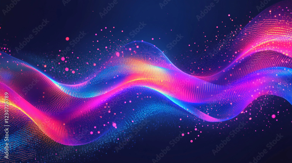 Poster colorful flowing waves create a dynamic visual experience with a continuous stream of vibrant partic