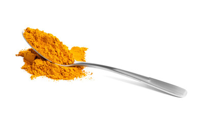 Turmeric powder and spoon isolated on white