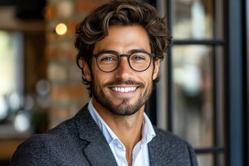 Fototapeta premium Young professional man with curly hair smiles confidently in a modern urban setting during daylight hours