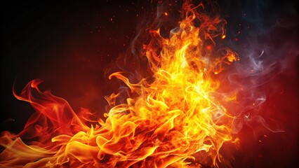 Fototapeta premium A bright red flame with orange and yellow hues dancing on a dark background, emitting intense heat and light , fire, flame, fire