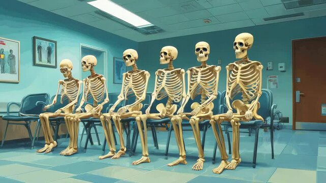 Skeletons sitting in waiting room: humorous medical office scene with animated skeletons