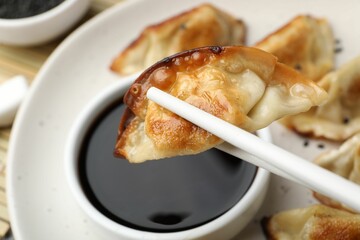 Eating fried gyoza dumplings at table, closeup