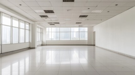 Empty modern office space with large windows and white walls.
