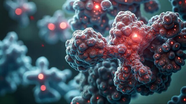 Close up of a cell with a red glowing spot. The cell is surrounded by other cells, some of which are glowing red. Concept of mystery and intrigue
