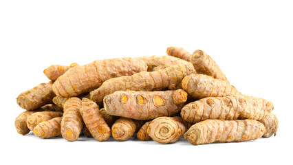 Pile of fresh turmeric roots isolated on white